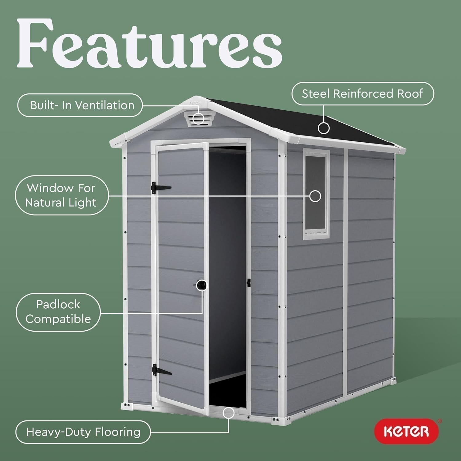 Keter Manor 4×6 Resin Outdoor Storage Shed Kit-Perfect to Store Patio Furniture, Garden Tools Bike Accessories, Beach Chairs and Lawn Mower, Grey & White - Image 3