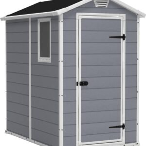 Keter Manor 4×6 Resin Outdoor Storage Shed Kit-Perfect to Store Patio Furniture, Garden Tools Bike Accessories, Beach Chairs and Lawn Mower, Grey & White