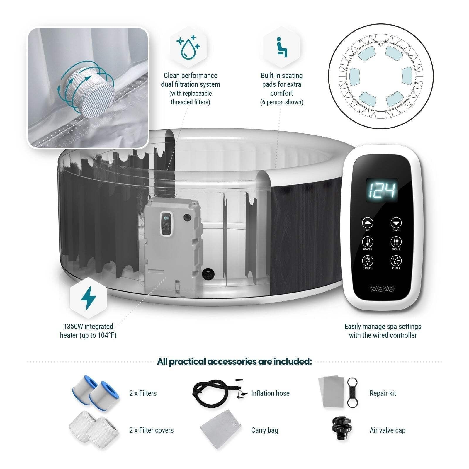 Wave Atlantic 4-Person Round inflatable Hot Tub with integrated Heater and Aquajet Massage System - Image 9